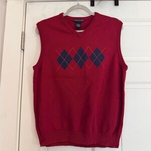 Consensus Sportswear Red Sweater Vest with V Neck Blue and Orange Argyle Print